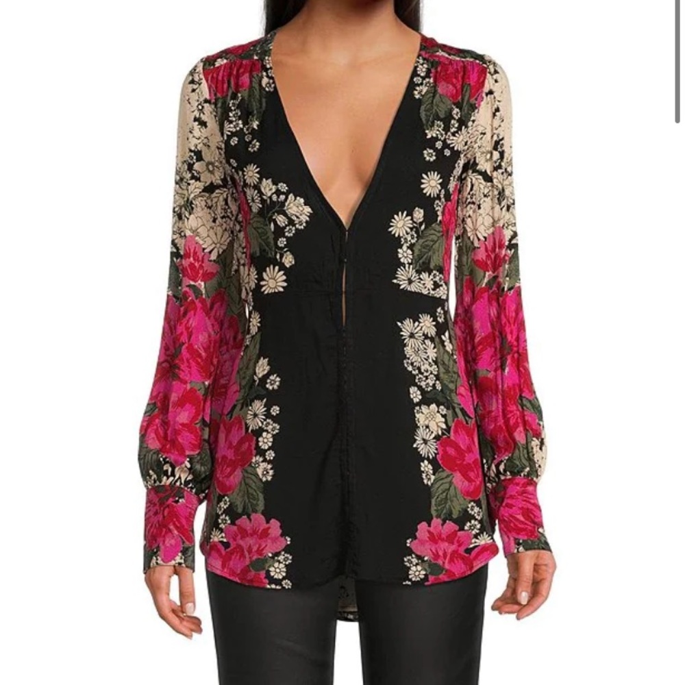 Free People Mikayla Woven Floral Print Plunging V-Neck Long Bishop Sleeve Tunic